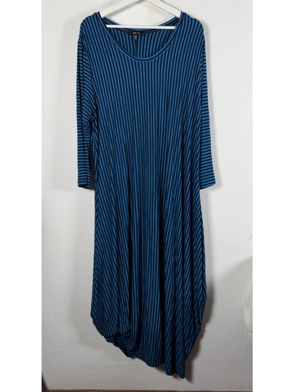 Comfy USA Lagenlook Dress 2X Blue Black Striped Asymmetrical Midi Art To Wear